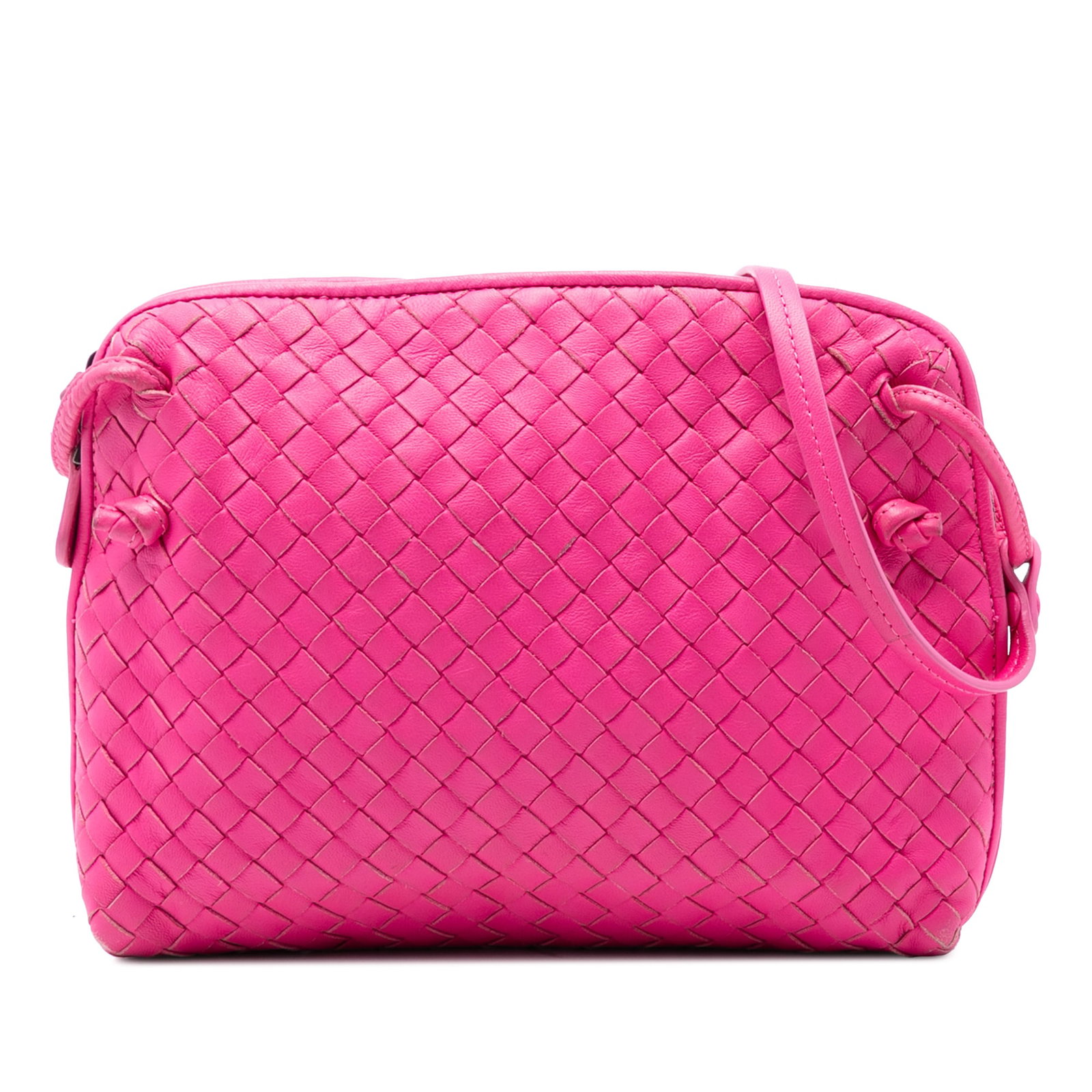 Nodini Woven Leather Crossbody Bag by Bottega Veneta: Nodini Woven Leather Crossbody Bag by Bottega Veneta This Bottega Veneta Nappa Intrecciato Nodini crossbody bag features a woven leather body in pink, a flat leather strap, a top zip closure, and inte