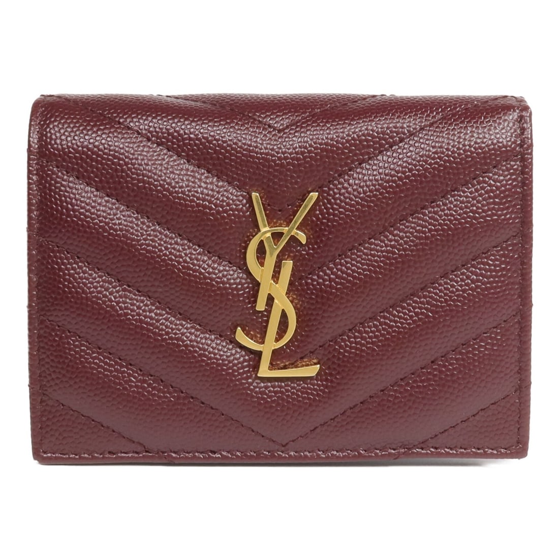 Saint Laurent YSL Bordeaux Calfskin Bi Fold Wallet GHW 530841: Saint Laurent YSL Bordeaux Calfskin Bi Fold Wallet GHW 530841 This Saint Laurent bi-fold wallet is crafted from luxurious calfskin leather in a rich Bordeaux color. Designed for women, the wallet feat