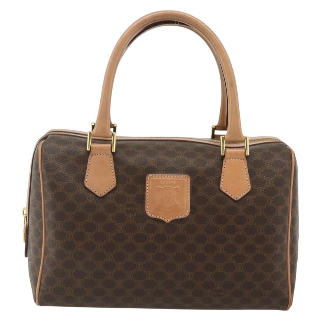Celine Macadam Boston Brown Canvas and Leather Vintage Handbag 26cm: Celine Macadam Boston Brown Canvas and Leather Vintage Handbag 26cm This Celine Vintage Macadam Boston bag features a classic brown canvas exterior with leather trim. Designed for women, it offers amp