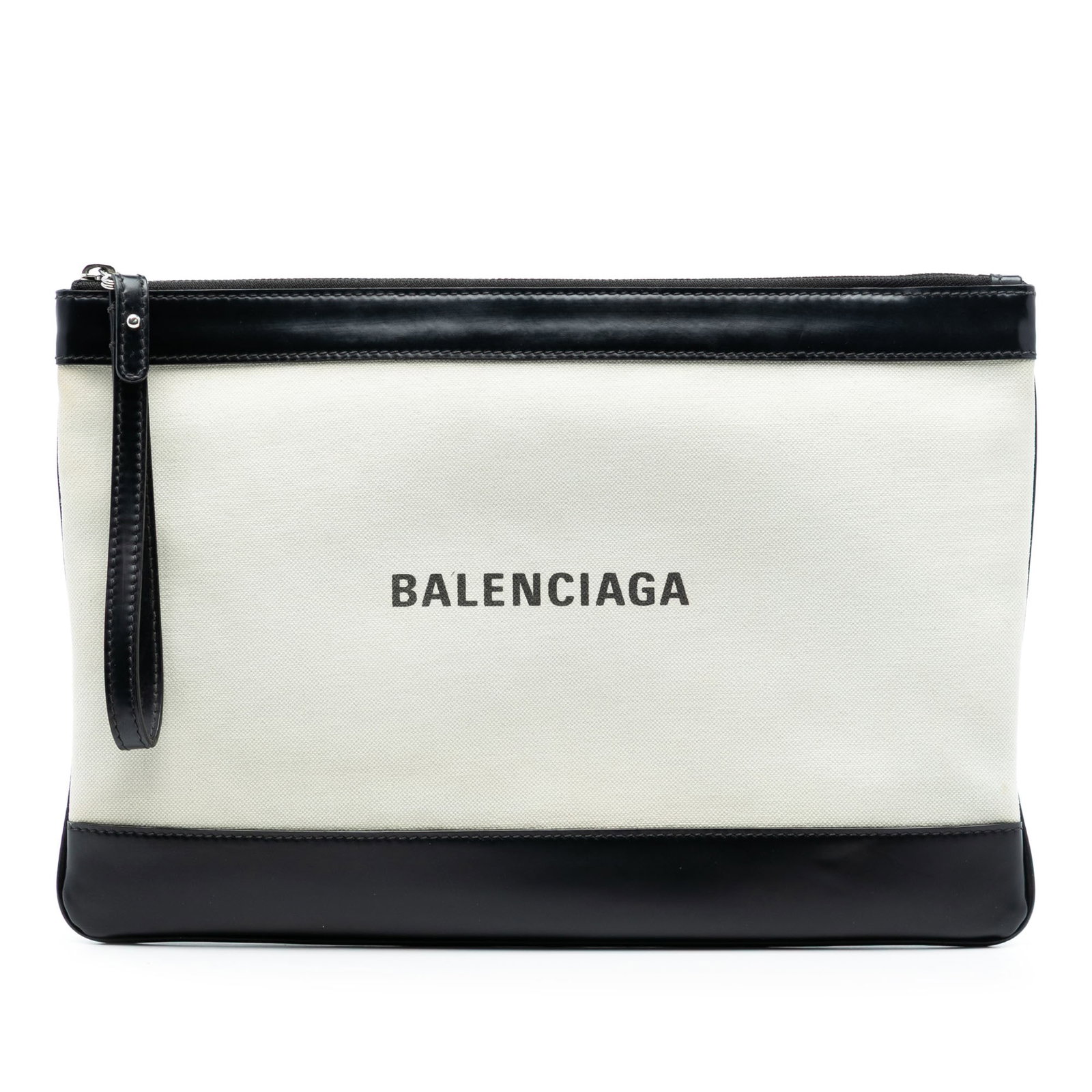 Balenciaga Navy Clip M Canvas Clutch with Leather Trim and Zip Closure: Balenciaga Navy Clip M Canvas Clutch with Leather Trim and Zip Closure This Balenciaga Canvas Navy Clip M features a canvas body with leather trim, a top zip closure, and an interior slip pocket. The 