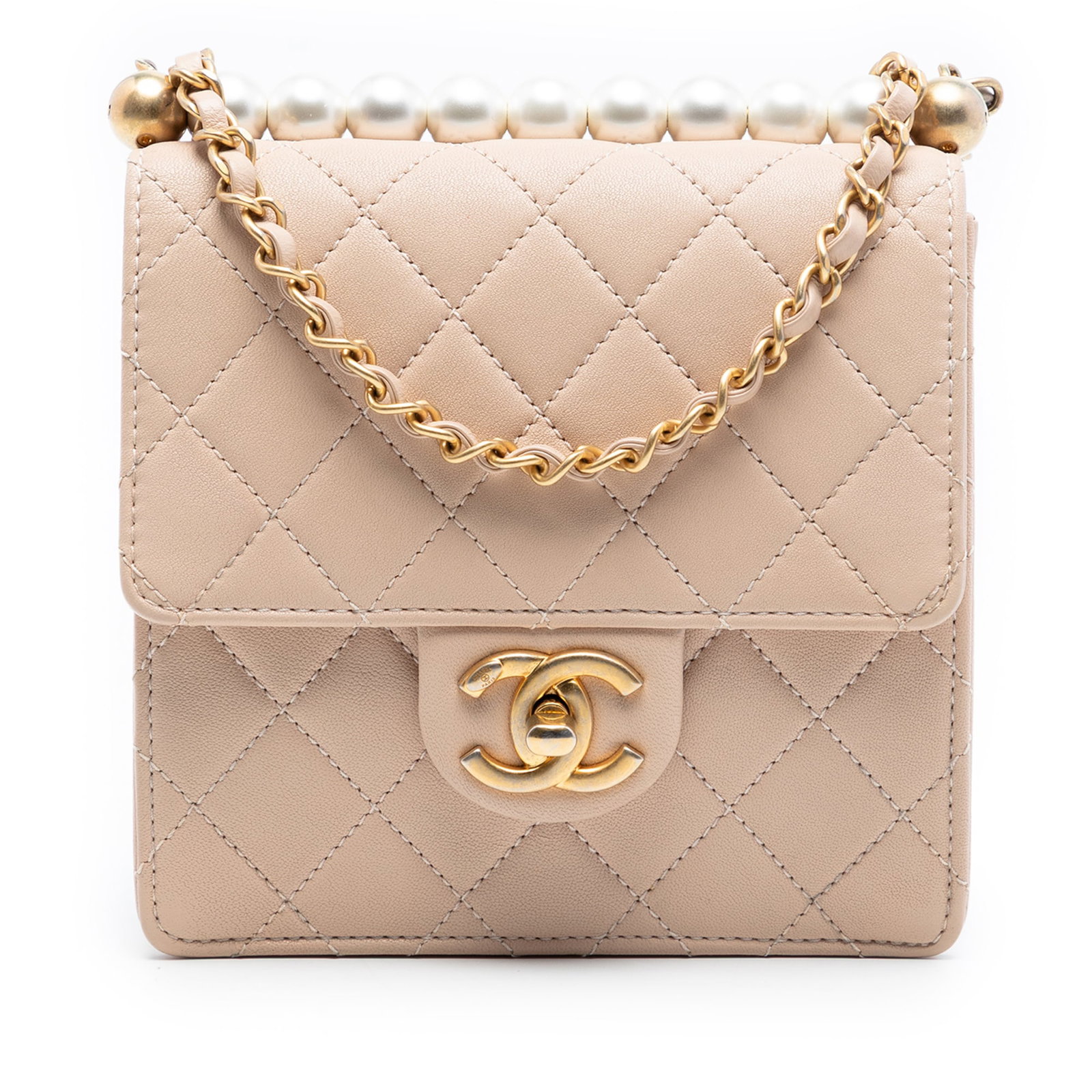 Chanel Chic Small Beige Quilted Lambskin Crossbody with Faux Pearl Accent: Chanel Chic Small Beige Quilted Lambskin Crossbody with Faux Pearl Accent This Chanel Small Quilted Lambskin Chic Pearls Flap crossbody bag showcases a quilted lambskin leather body with faux pearl em