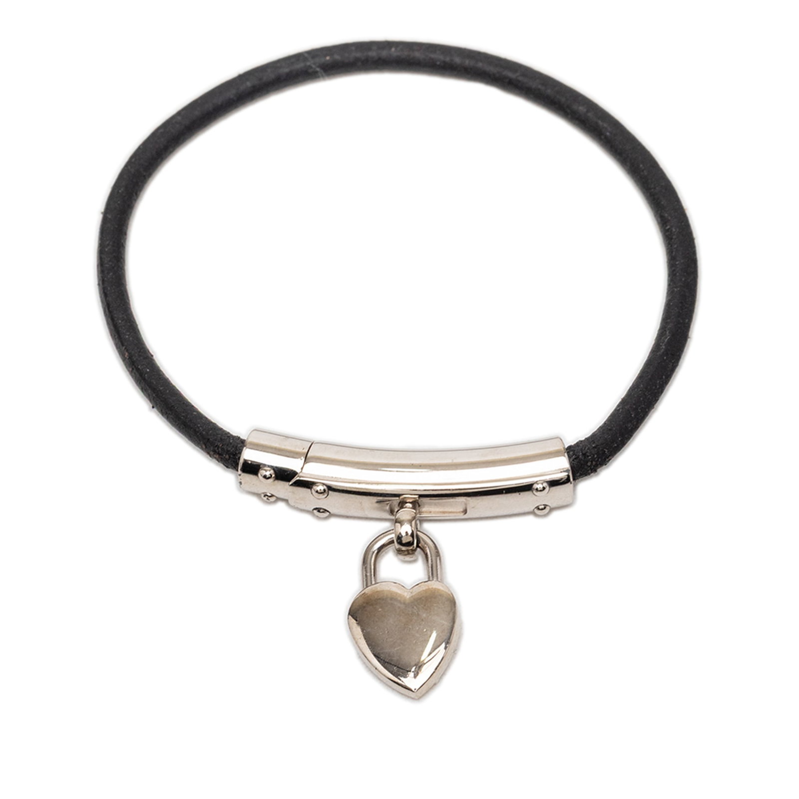 Hermes Cadena Heart Charm Black Leather Bracelet Silver Tone Accent (1 of 4)