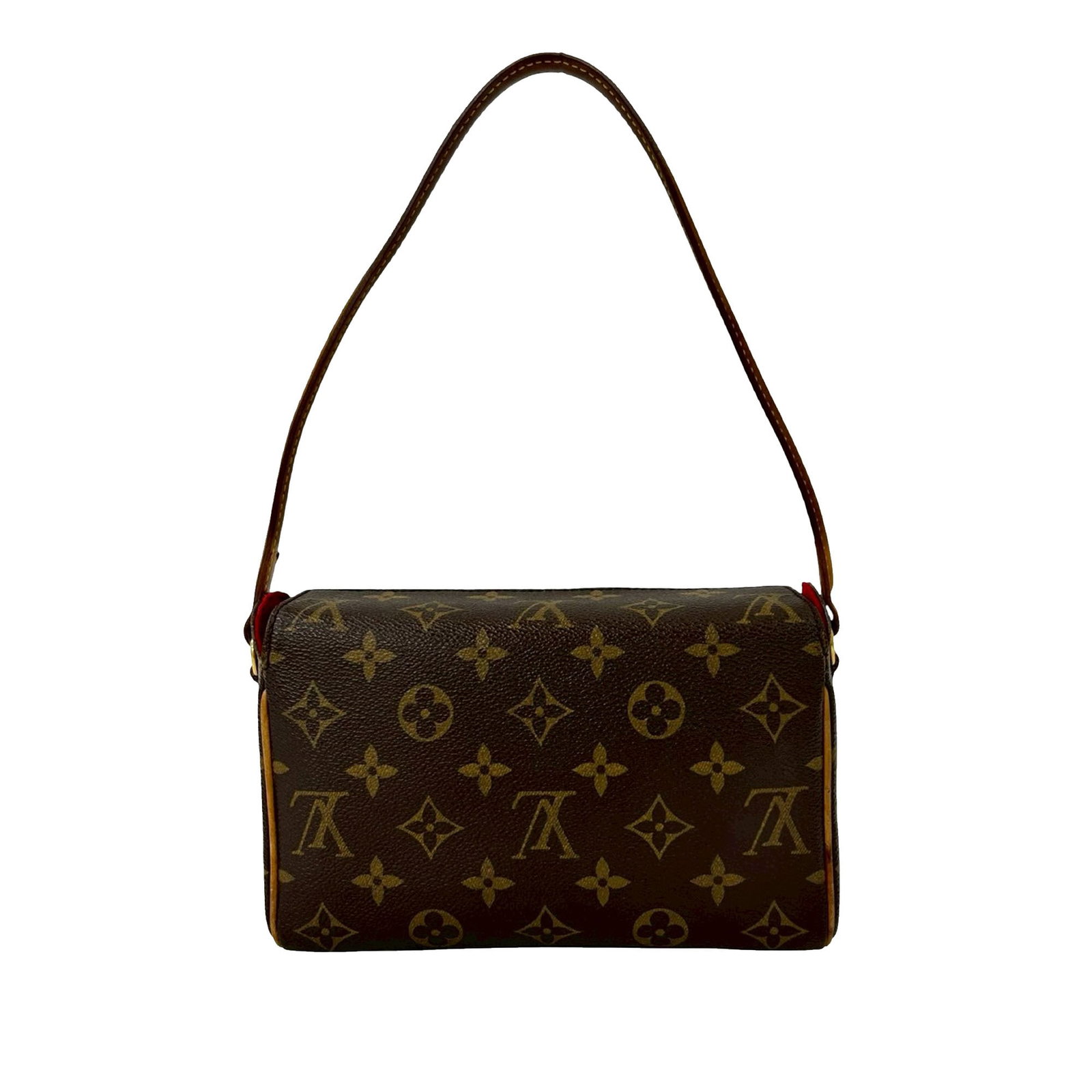Louis Vuitton Recital Brown Monogram Canvas Shoulder Bag: Louis Vuitton Recital Brown Monogram Canvas Shoulder Bag The Louis Vuitton Monogram Recital is a compact handbag crafted from signature monogram canvas with a flat leather strap. It features a top fol