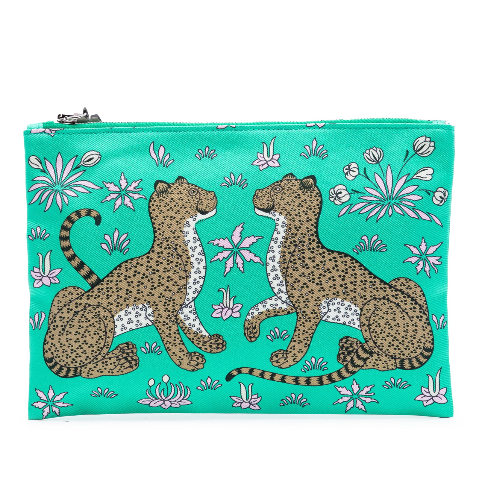 Green Les Leopards Silk Pouch by Hermes with Zip Closure: Green Les Leopards Silk Pouch by Hermes with Zip Closure This Hermes Les Leopards Silky Pocket Cosmetic Case features a silk body with a top zip closure. The pouch is designed in a green color and sho