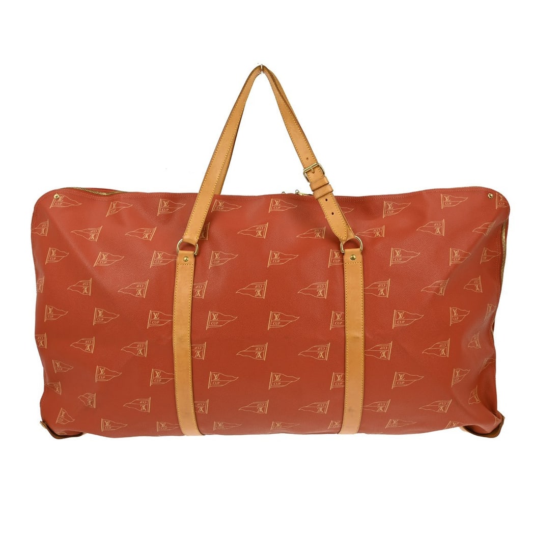 Louis Vuitton Cup Cabourg Coated Canvas Extra Large Garment Bag Red: Louis Vuitton Cup Cabourg Coated Canvas Extra Large Garment Bag Red This Louis Vuitton Cup Cabourg garment bag is crafted from coated canvas with a red exterior and brown canvas handles. Designed for 