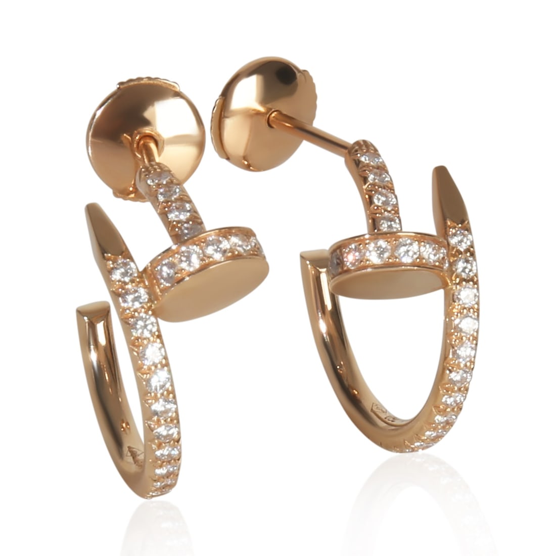 Juste Un Clou Small Rose Gold Diamond Hoop Earrings by Cartier: Juste Un Clou Small Rose Gold Diamond Hoop Earrings by Cartier These Cartier Juste Un Clou earrings from the Small Model collection feature a modern hoop design crafted in 18k rose gold. The earrings 