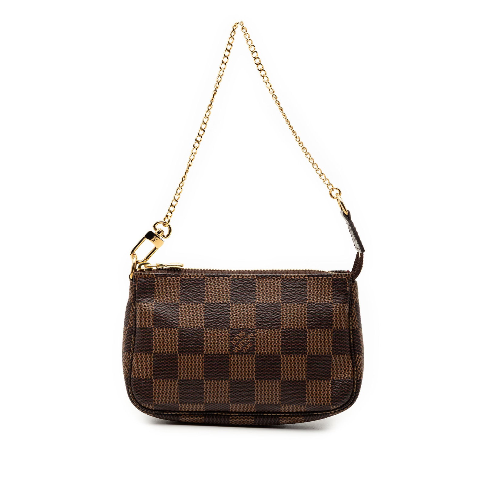Louis Vuitton Mini Pochette Damier Ebene Canvas Brown Chain Strap Bag: Louis Vuitton Mini Pochette Damier Ebene Canvas Brown Chain Strap Bag This Louis Vuitton Damier Ebene Mini Pochette Accessoires features the signature Damier Ebene canvas body, a chain link strap, and