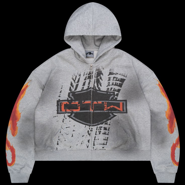 Medium Grey Zip Up Hoodie with Biker Streetwear Influence: Medium Grey Zip Up Hoodie with Biker Streetwear Influence The OTW Biker Grey Zip Up Hoodie features a streetwear design inspired by classic biker style. It showcases a clean grey color, full-length zi