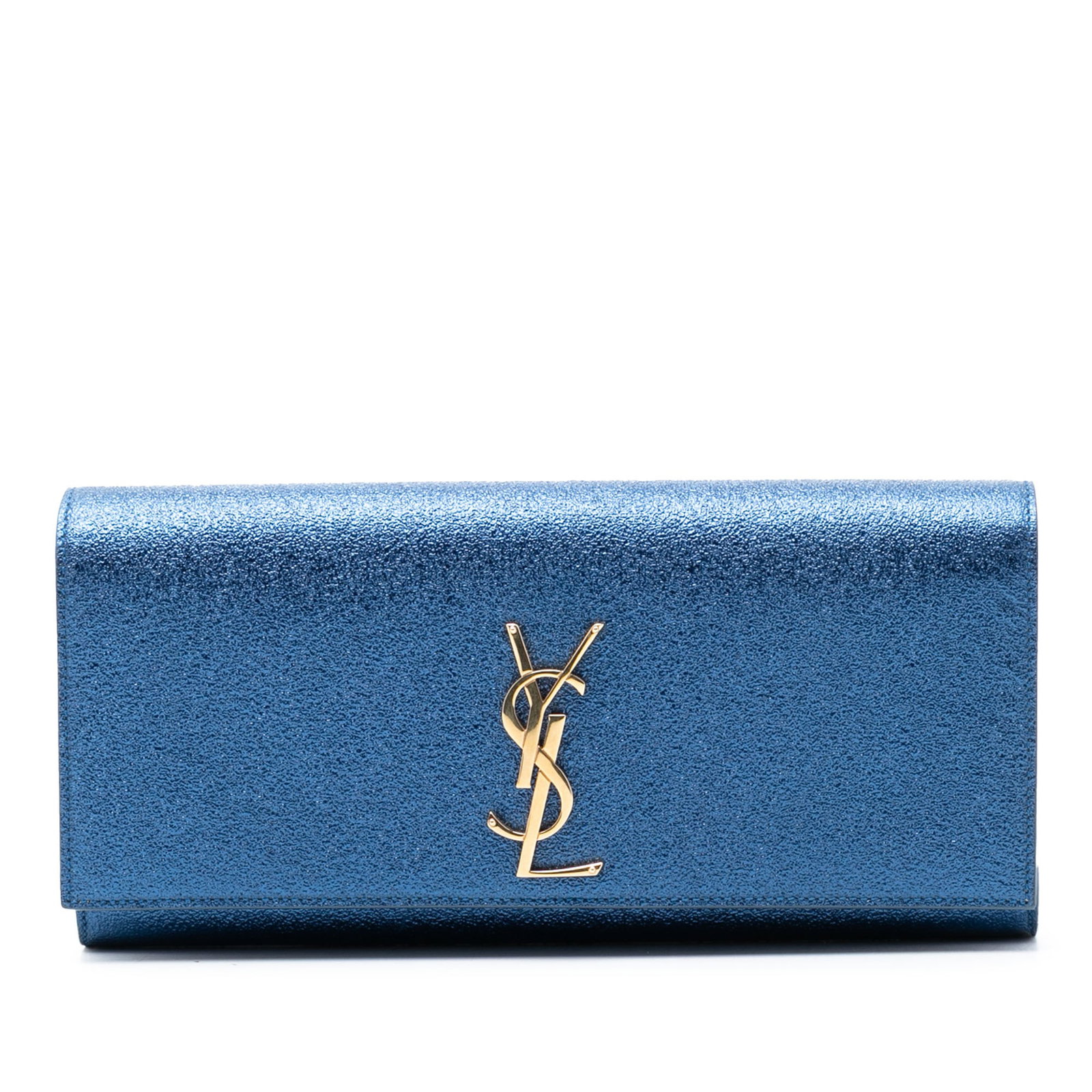 Blue Metallic Leather Cassandre Clutch Bag by Saint Laurent: Blue Metallic Leather Cassandre Clutch Bag by Saint Laurent This Saint Laurent Metallic Calfskin Cassandre Clutch features a metallic leather exterior in blue, a front flap with magnetic closure, and 