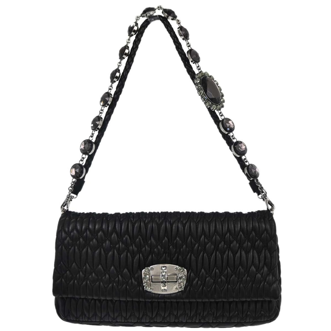 Miu Miu Matelasse Black Lambskin Small Crystal Top Handle Bag: Miu Miu Matelasse Black Lambskin Small Crystal Top Handle Bag This Miu Miu handbag is crafted from black lambskin leather in a matelasse finish, featuring a top handle design adorned with crystal acce