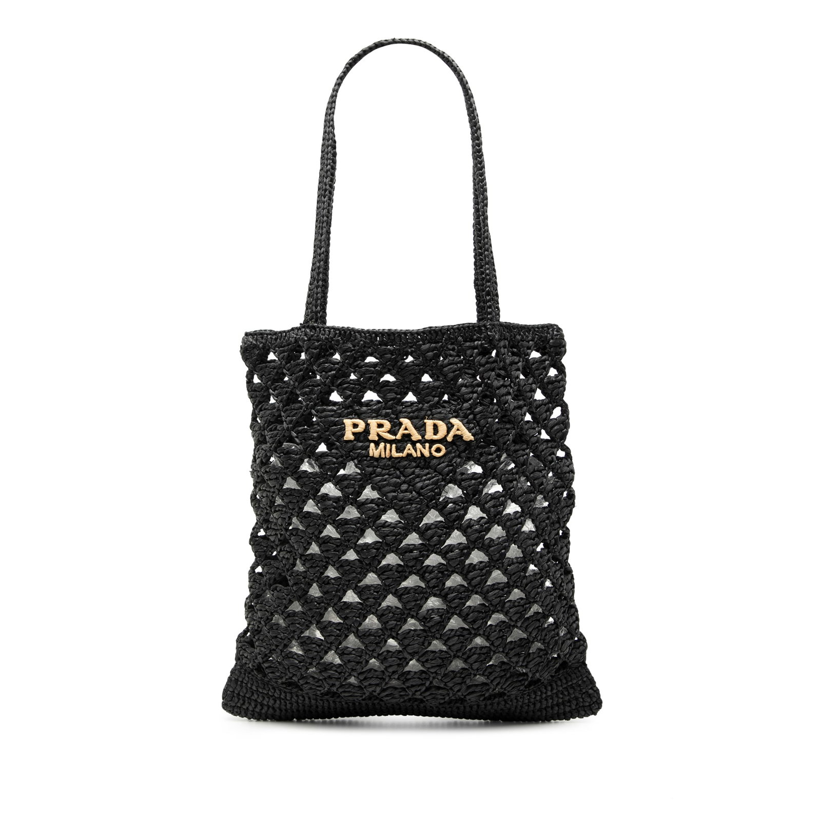 Prada Black Woven Tote Bag with Crochet Logo Detailing: Prada Black Woven Tote Bag with Crochet Logo Detailing This Prada tote bag features a woven raffia-effect body with flat raffia handles and an open top design. The front is adorned with an embroidered