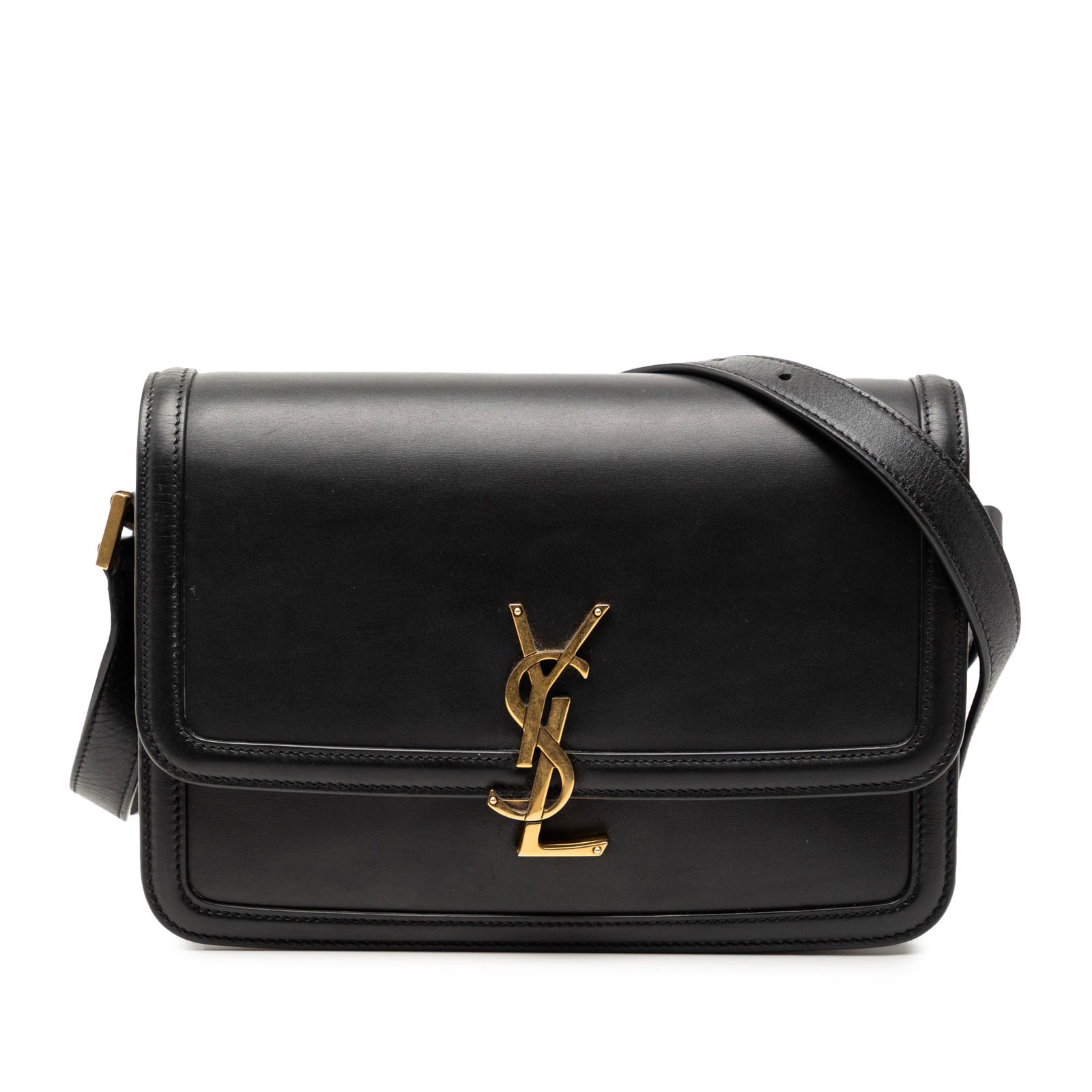 Saint Laurent Solferino Medium Leather Satchel Adjustable Strap Black Italy: Saint Laurent Solferino Medium Leather Satchel Adjustable Strap Black Italy The Saint Laurent Medium Calfskin Solferino Satchel features a black leather body with a flap and clasp closure, an adjustab