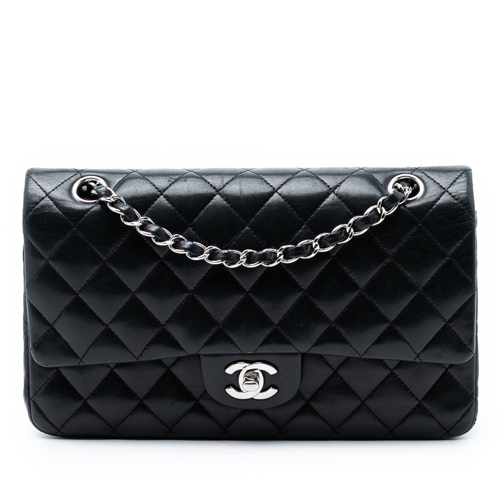 Chanel Black Quilted Lambskin Medium Double Flap Shoulder Bag: Chanel Black Quilted Lambskin Medium Double Flap Shoulder Bag This Chanel Medium Classic Lambskin Double Flap shoulder bag features a quilted black lambskin leather exterior, leather-woven chain link 