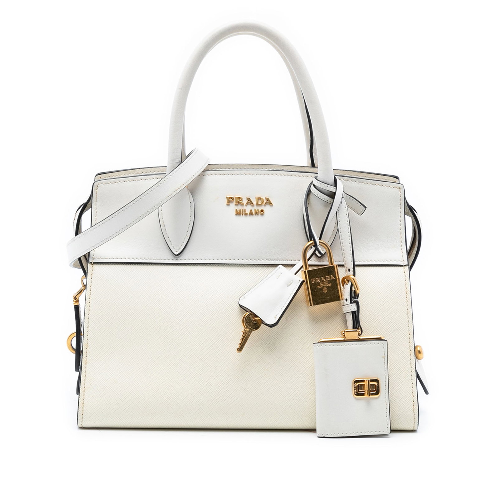 Prada Esplanade White Saffiano and Calf Leather Satchel with Strap: Prada Esplanade White Saffiano and Calf Leather Satchel with Strap This Prada Saffiano and City Calf Esplanade Satchel features a white saffiano and calf leather body, rolled leather handles, a detach