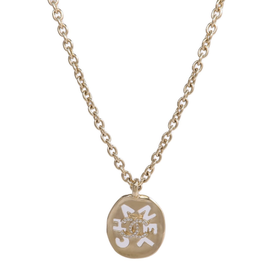 CHANEL Gold Tone CC Pendant Necklace: CHANEL Gold Tone CC Pendant Necklace This CHANEL necklace features a gold-tone metal finish and showcases the iconic CC logo. Designed for women, the necklace is crafted in France and does not include