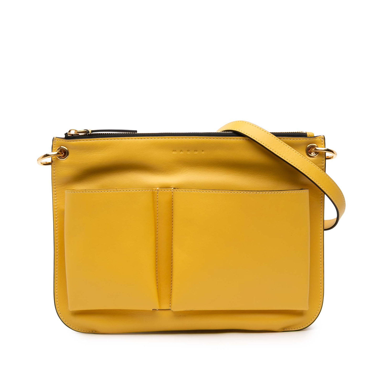 Yellow Leather Crossbody Bag with Front Pockets by Marni: Yellow Leather Crossbody Bag with Front Pockets by Marni This Marni crossbody bag features a yellow leather body with a flat leather strap, a top zip closure, exterior front slip pockets, and interior