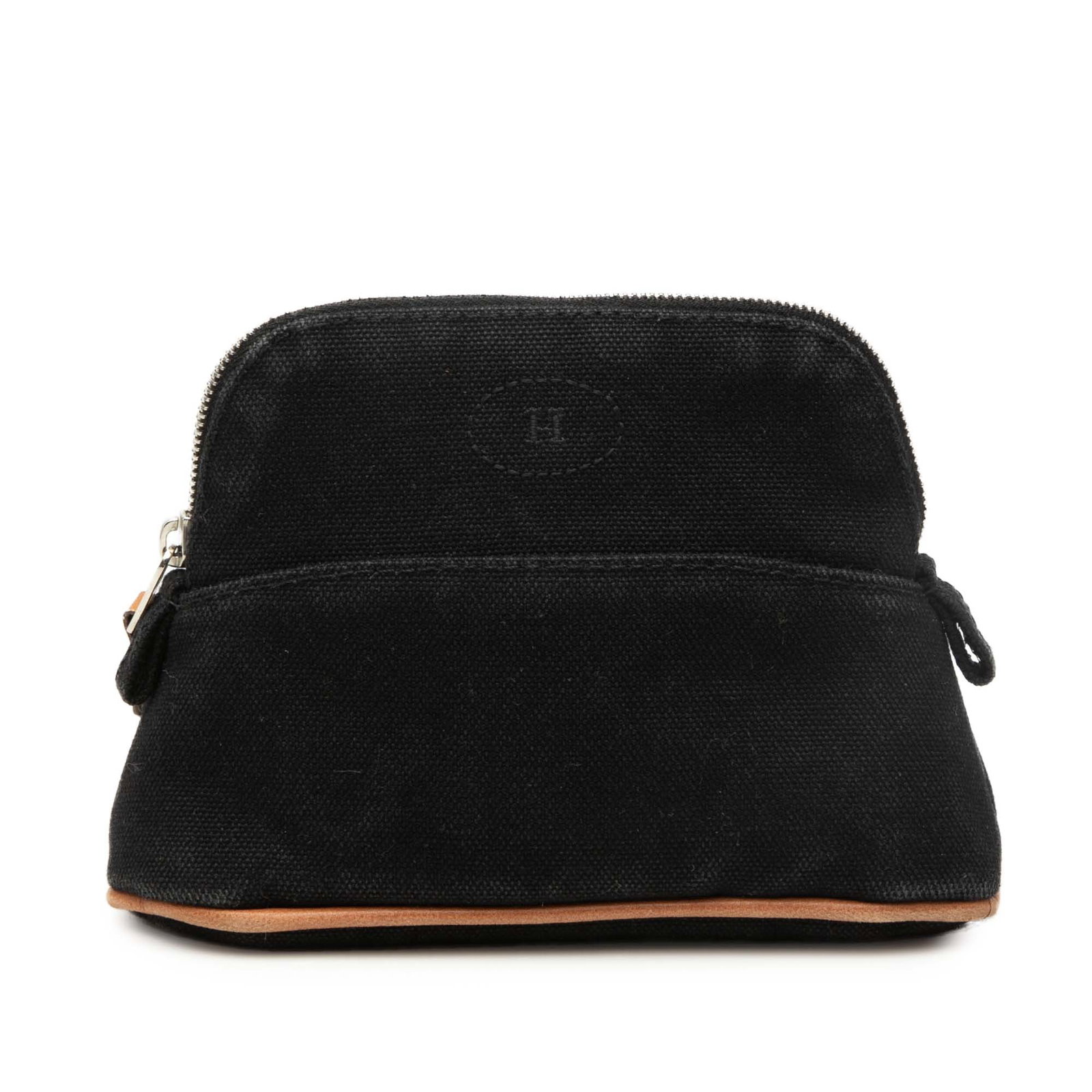 Hermes Mini Mini Bolide Black Canvas Pouch with Leather Trim: Hermes Mini Mini Bolide Black Canvas Pouch with Leather Trim This Hermes Mini Mini Canvas Bolide Case features a canvas body with leather trim and a top zip closure. The pouch is designed in black and