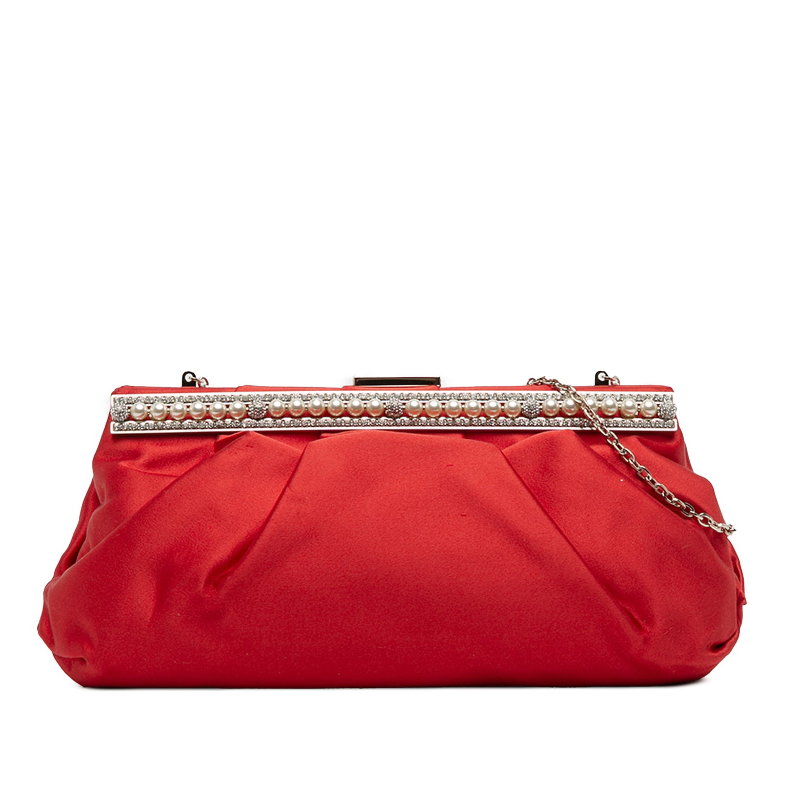 Valentino Red Satin Clutch with Pearls and Chain Strap: Valentino Red Satin Clutch with Pearls and Chain Strap This Valentino shoulder bag features a red satin body adorned with pearl embellishments, complemented by a chain link strap and a metal frame wit