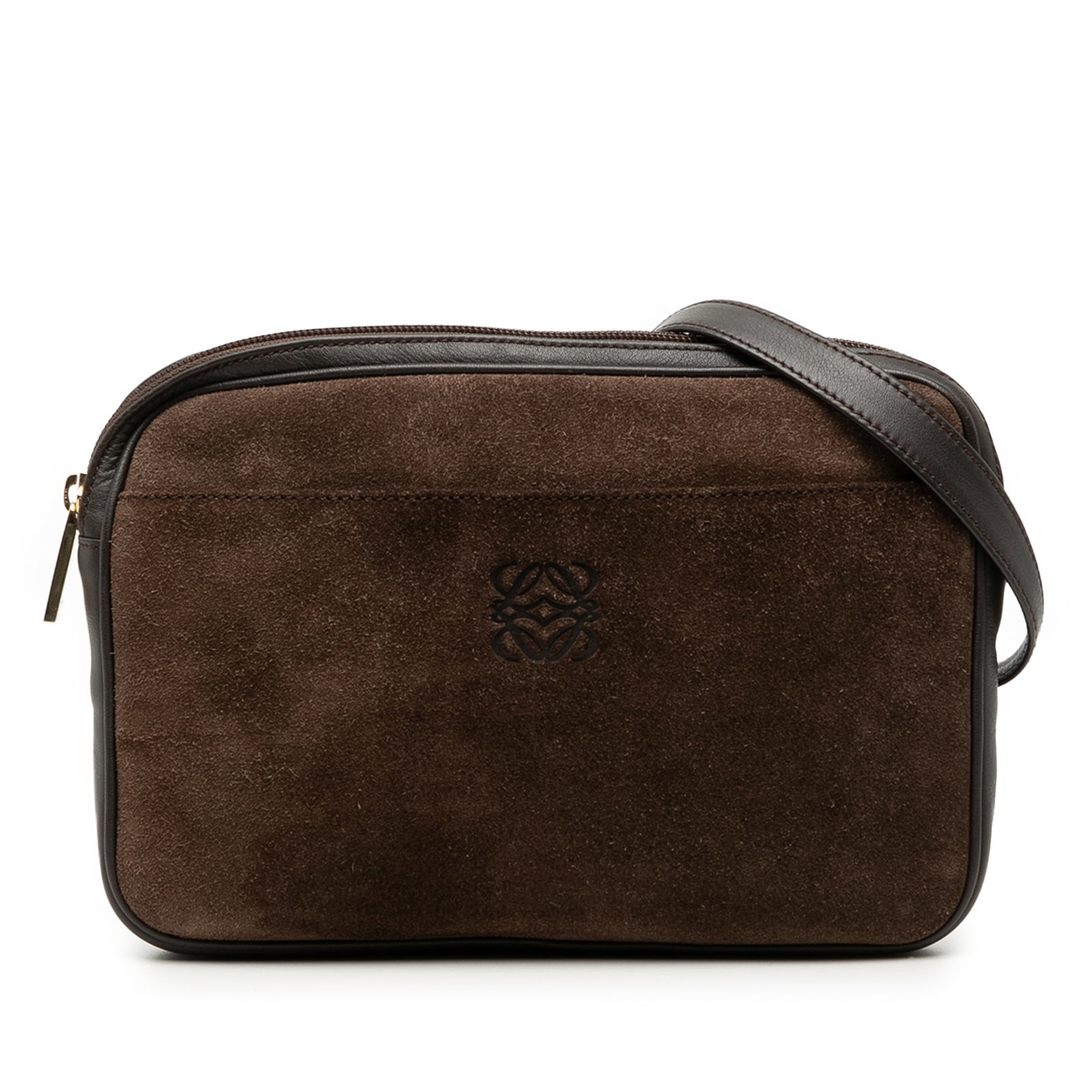 Loewe Anagram Brown Suede Calf Leather Crossbody Shoulder Bag: Loewe Anagram Brown Suede Calf Leather Crossbody Shoulder Bag This LOEWE Anagram crossbody bag is crafted from a combination of suede and calfskin leather in brown. It features an adjustable flat leat