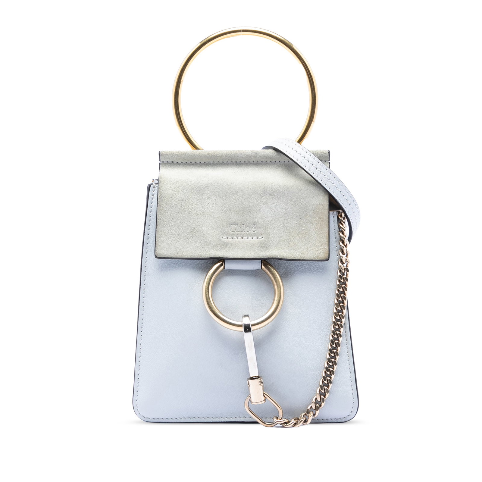 Mini Faye Bracelet Bag in Calfskin and Suede by Chloe: Mini Faye Bracelet Bag in Calfskin and Suede by Chloe This Chloe Mini Calfskin and Suede Faye Bracelet Bag features a blue leather body with a front suede flap, a metal handle, and a detachable flat l