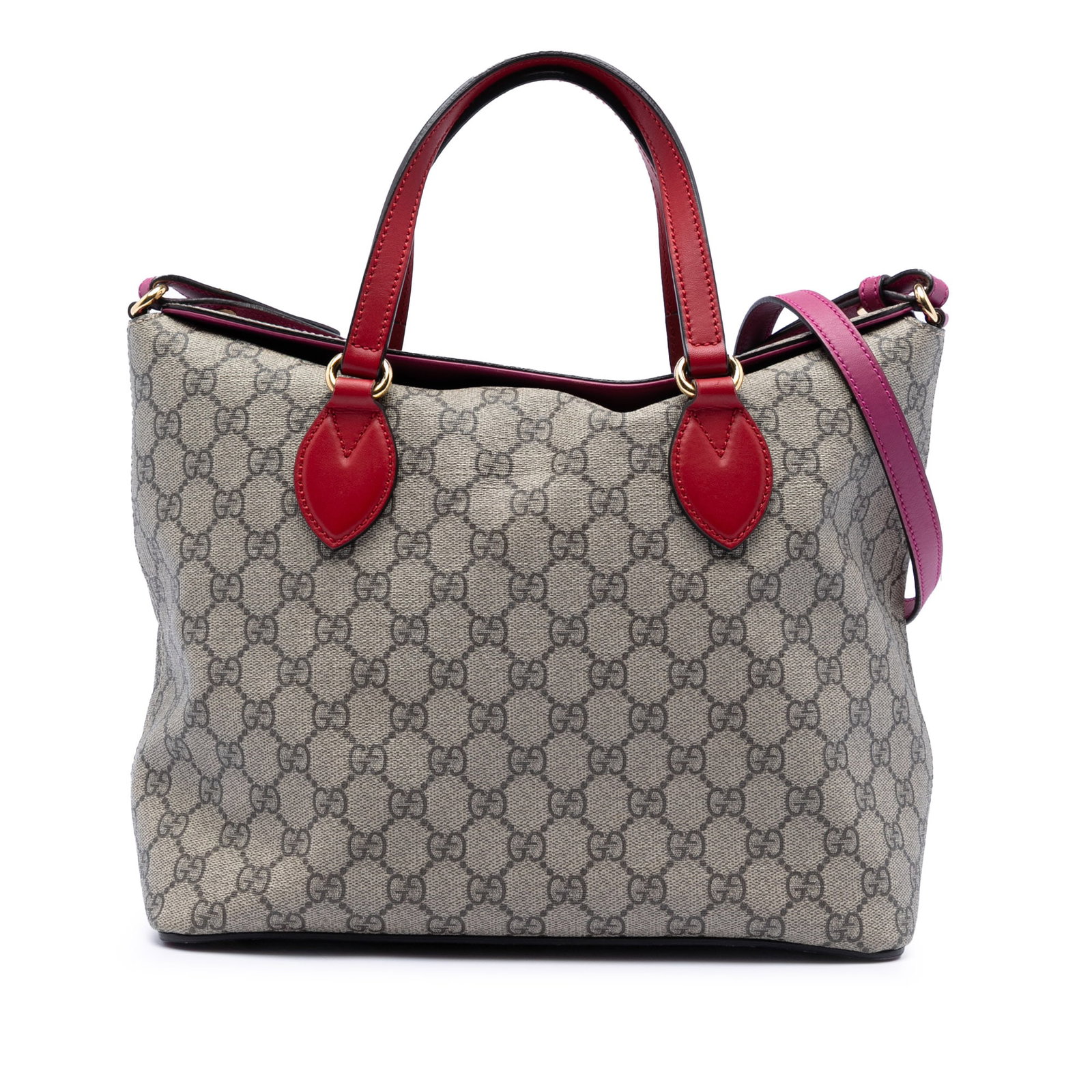 Gucci GG Supreme Linea A Beige Foldover Tote Bag with Leather Handles: Gucci GG Supreme Linea A Beige Foldover Tote Bag with Leather Handles This Gucci GG Supreme Linea A Foldover Tote features a coated canvas body in beige, complemented by flat leather handles and a det