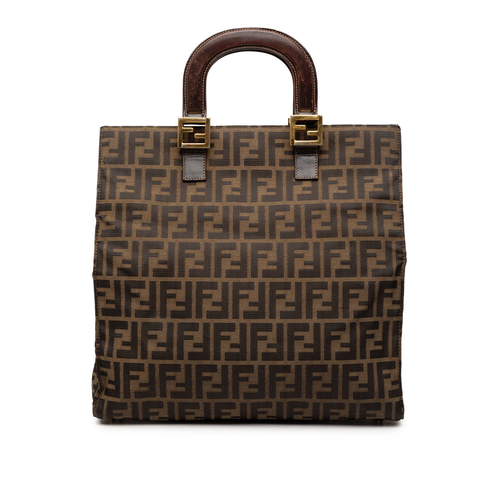 Fendi Twins Tote Bag in Brown Zucca Canvas with Leather Handles: Fendi Twins Tote Bag in Brown Zucca Canvas with Leather Handles The Fendi Zucca Canvas Twins Tote features a brown canvas body with flat leather handles and an open top secured by a magnetic snap clos