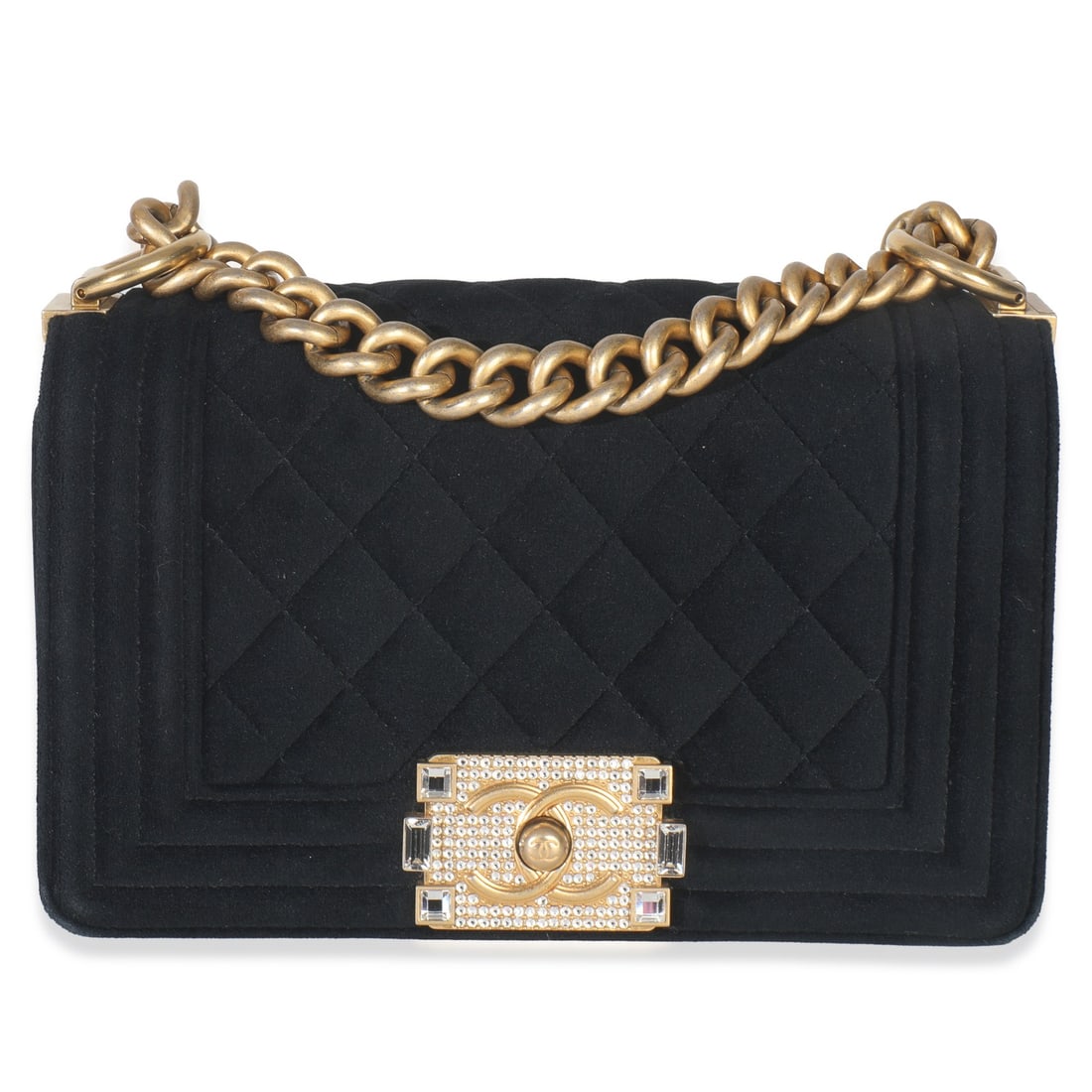 Small Boy Shoulder Bag in Black Quilted Velvet with Strass by Chanel: Small Boy Shoulder Bag in Black Quilted Velvet with Strass by Chanel This Chanel Small Boy Bag features a black quilted velvet exterior adorned with strass embellishments. The shoulder bag is designed