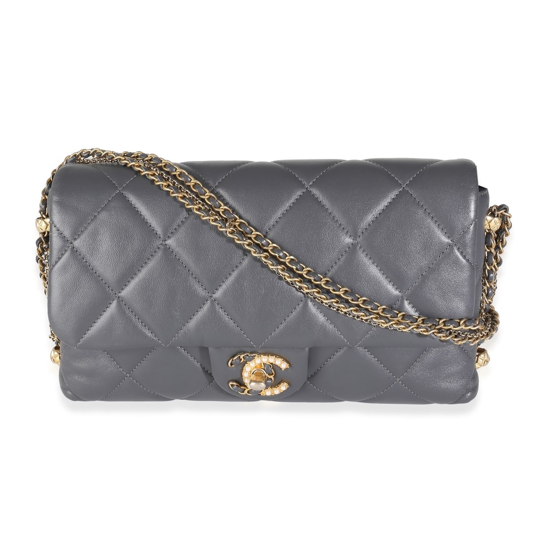 Chanel Crush On Chains Gray Lambskin Shoulder Flap Bag With Box and Dustbag: Chanel Crush On Chains Gray Lambskin Shoulder Flap Bag With Box and Dustbag This Chanel Crush On Chains Flap Bag features a gray quilted lambskin leather exterior with a turnlock closure and gold-tone