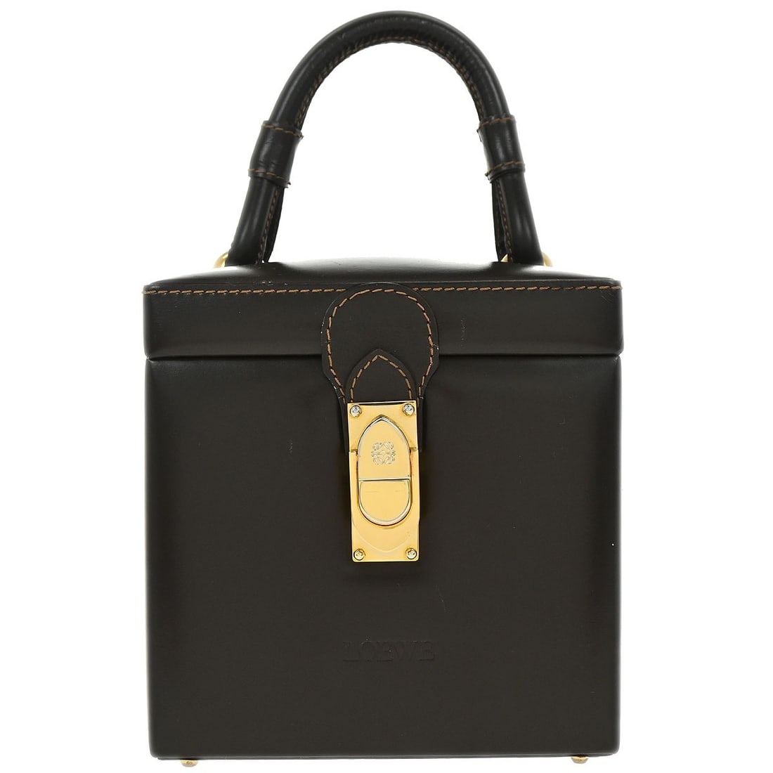 Loewe Brown Leather Top Handle Vanity Bag: Loewe Brown Leather Top Handle Vanity Bag This Loewe brown leather vanity handbag box features a compact, structured design with a top handle for easy carrying. Crafted from quality leather, it offers