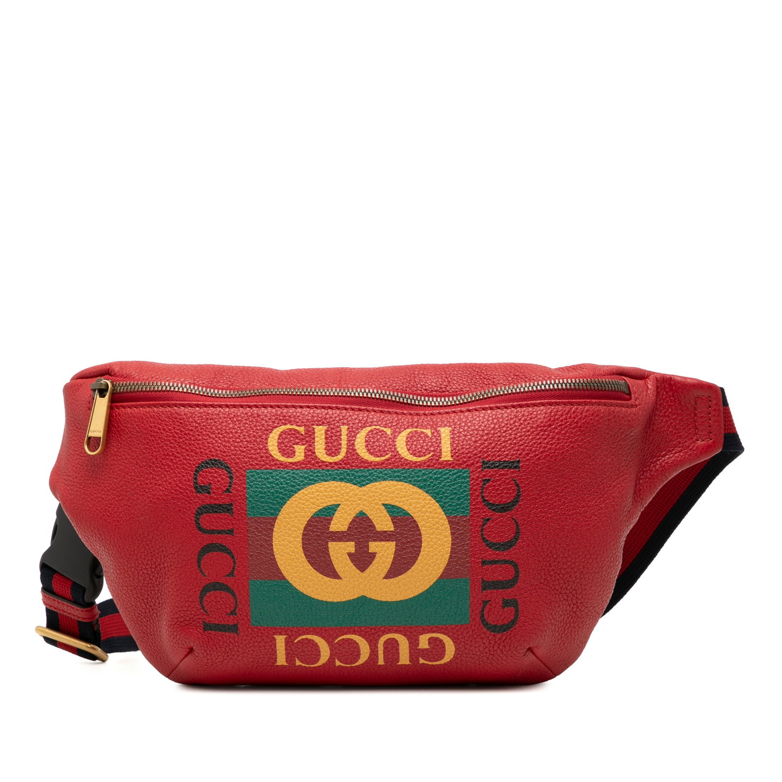 Red Gucci Leather Waist Belt Bag with Logo and Canvas Strap: Red Gucci Leather Waist Belt Bag with Logo and Canvas Strap This Gucci belt bag features a red leather body with a front zip closure and a canvas waist strap secured by a buckle. The bag is crafted in