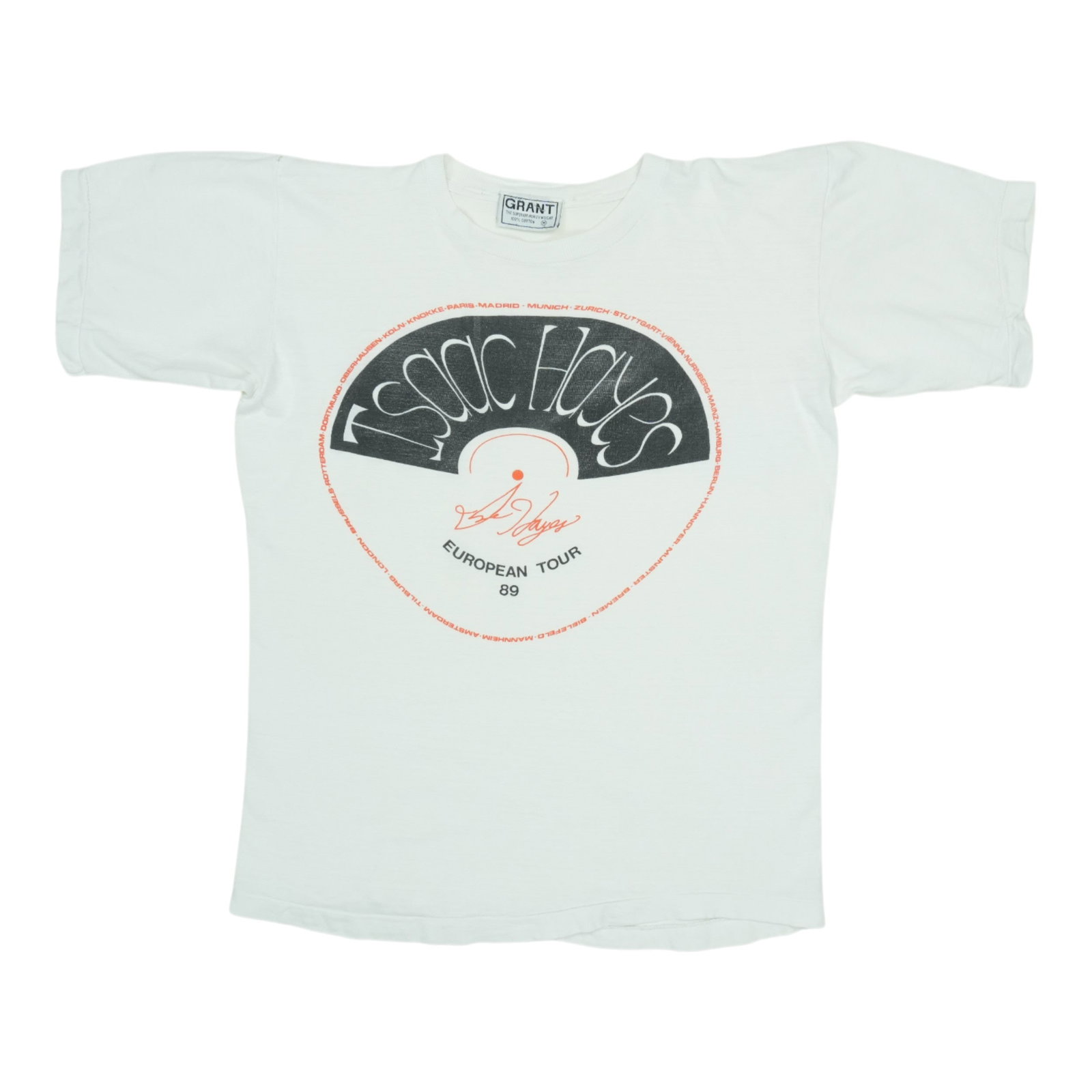 Vintage 1989 Isaac Hayes European Tour White Cotton Concert T Shirt: Vintage 1989 Isaac Hayes European Tour White Cotton Concert T Shirt This is an original vintage 1989 Isaac Hayes European Tour shirt, not a modern reproduction. The shirt features graphics on both the