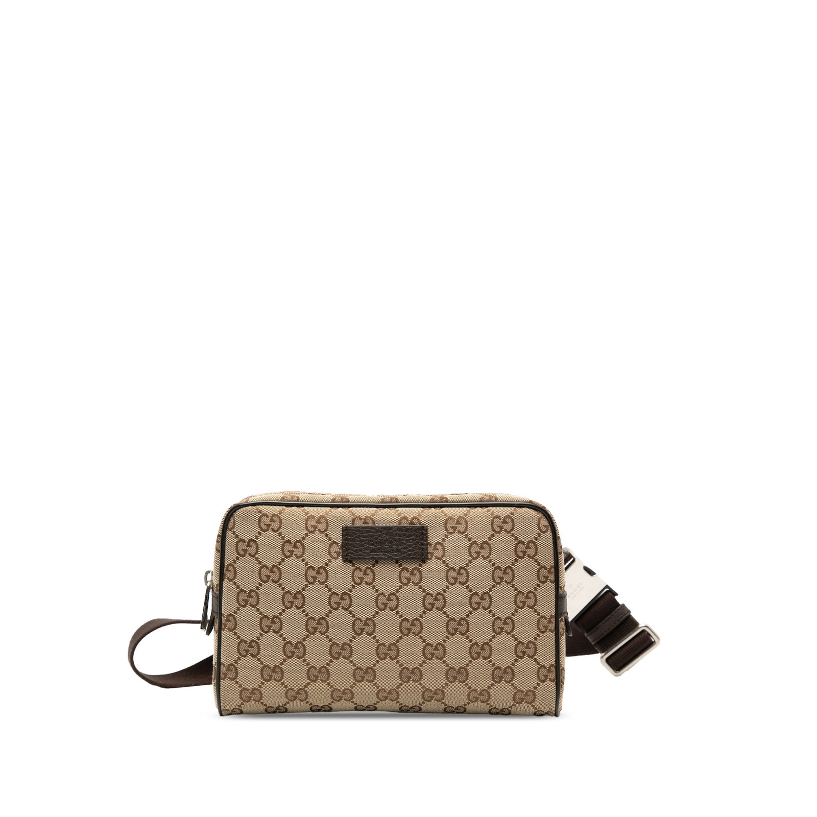 Beige GG Canvas Waist Pack by Gucci with Leather Trim: Beige GG Canvas Waist Pack by Gucci with Leather Trim This Gucci GG Canvas Belt Bag features a beige canvas body with leather trim, an adjustable waist strap with buckle closure, a top zip closure, an