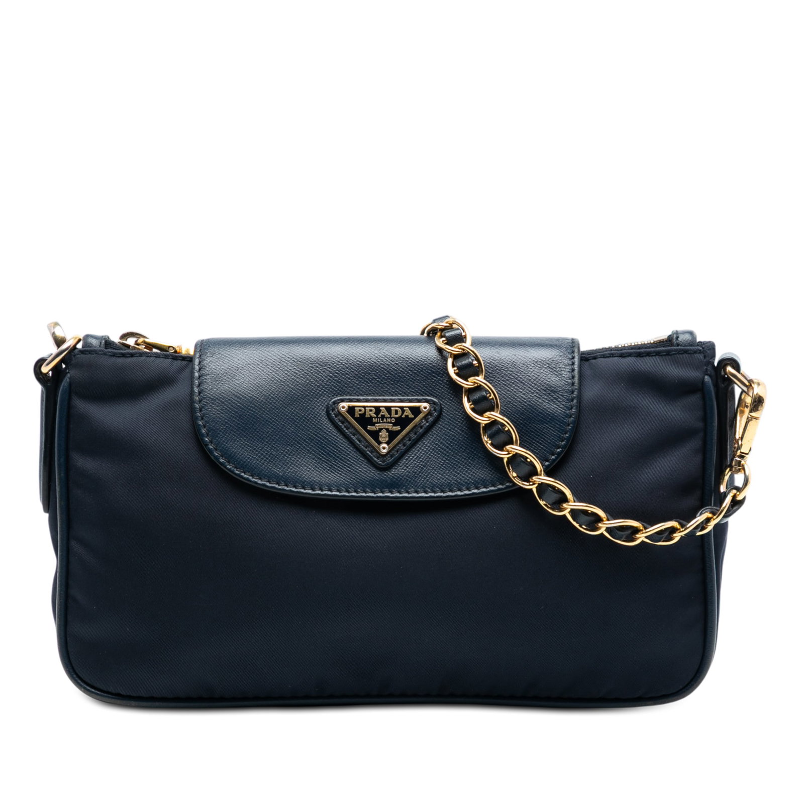 Prada Tessuto Nylon Crossbody Bag with Saffiano Leather Accents: Prada Tessuto Nylon Crossbody Bag with Saffiano Leather Accents This Prada Saffiano Trimmed Tessuto Chain Crossbody bag features a durable blue nylon body with saffiano leather trim. It is designed wi