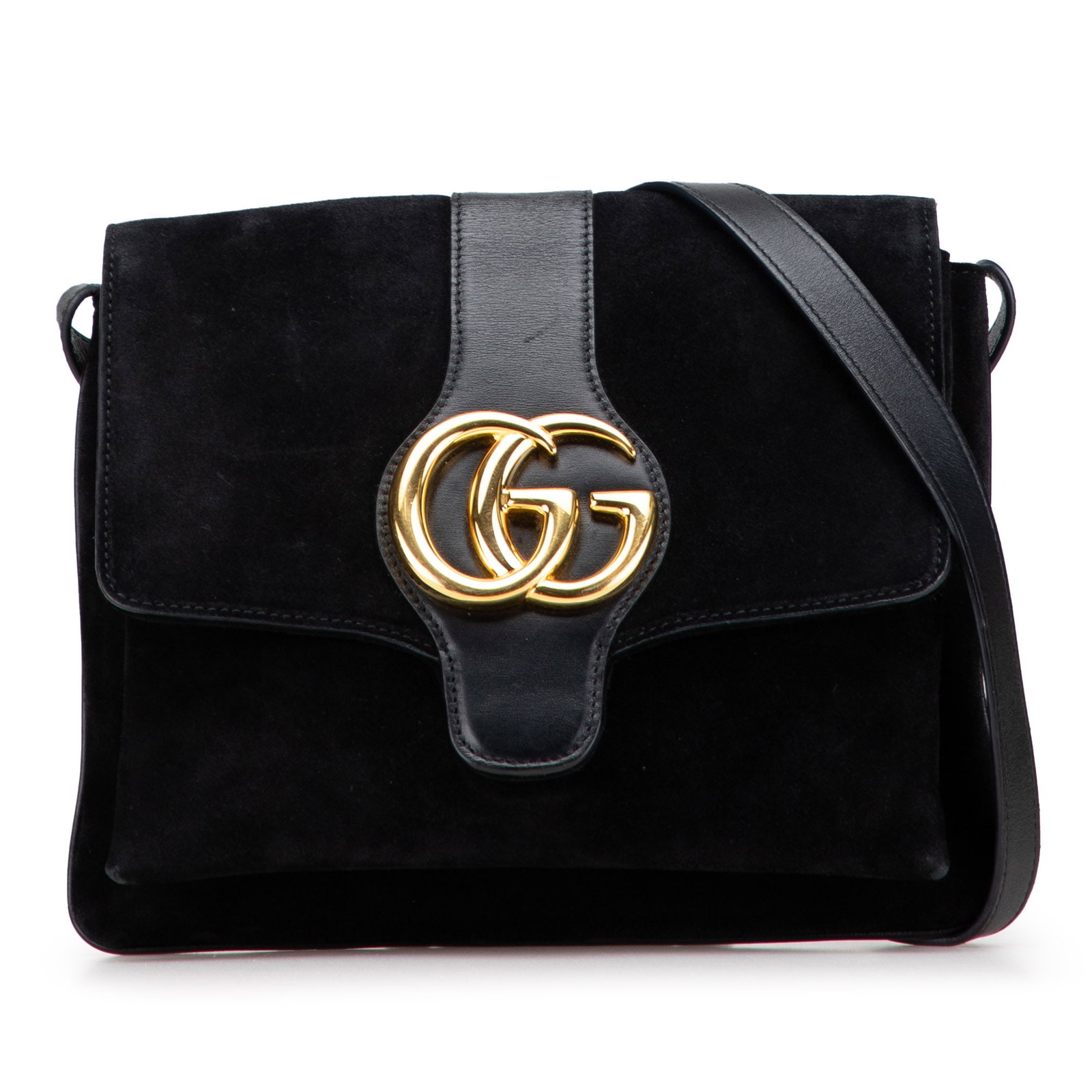 Gucci Medium Arli Black Suede Crossbody Bag with Leather Trim: Gucci Medium Arli Black Suede Crossbody Bag with Leather Trim The Gucci Medium Suede Arli Crossbody bag is a stylish accessory crafted from high-quality suede with calf leather trim. This elegant bag 