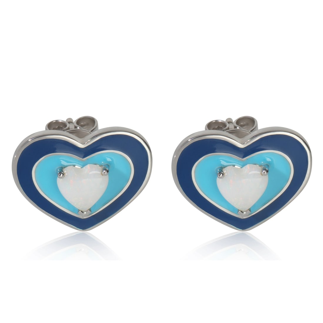 14K White Gold Heart Opal Blue Enamel Earrings: 14K White Gold Heart Opal Blue Enamel Earrings These exquisite earrings feature a heart shape crafted from 14K white gold, showcasing a stunning opal as the main stone. Each earring is adorned with bl