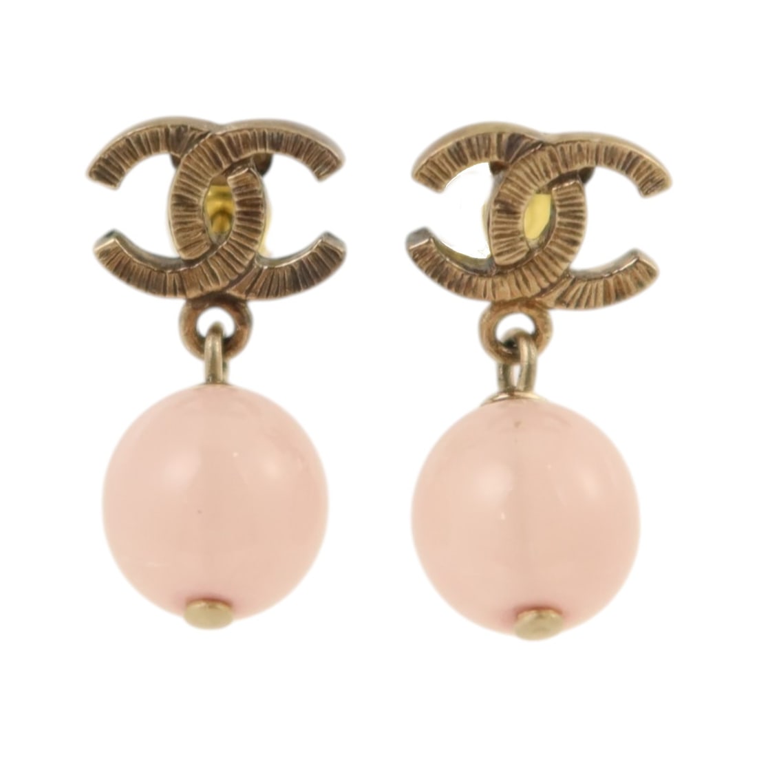 Chanel Pink Gold Tone CC Logo Pierced Earrings for Women: Chanel Pink Gold Tone CC Logo Pierced Earrings for Women These Chanel CC earrings feature a gold and pink color scheme with a PVC and metal construction. Designed as pierced earrings, they are crafted