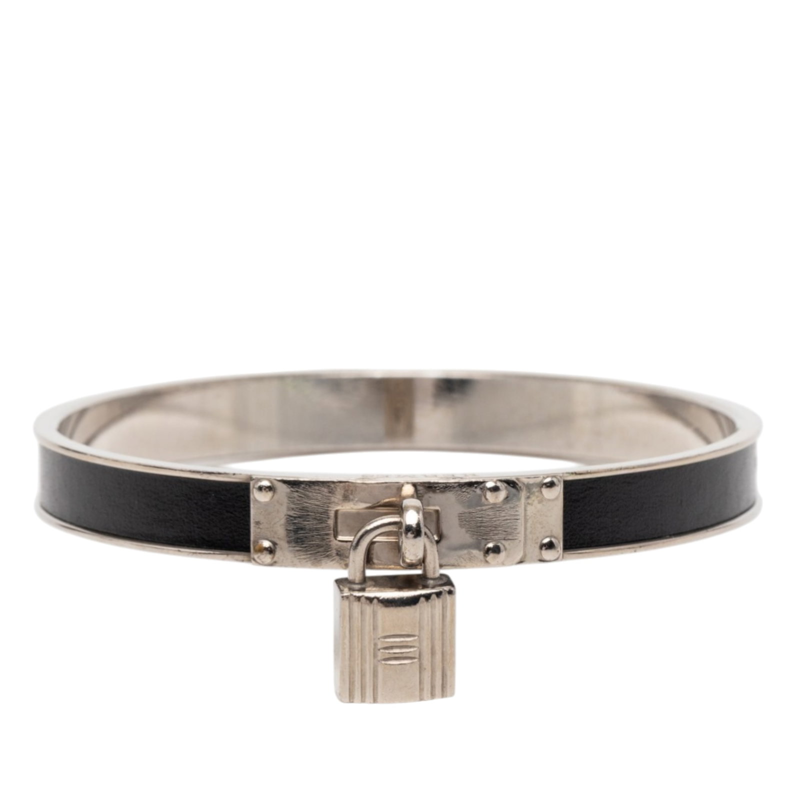 Hermes Kelly Bracelet with Palladium Plated H Lock and Leather Accent: Hermes Kelly Bracelet with Palladium Plated H Lock and Leather Accent This Hermes bracelet features a palladium plated metal body accented with black leather detail and a silver-tone H lock. The piece