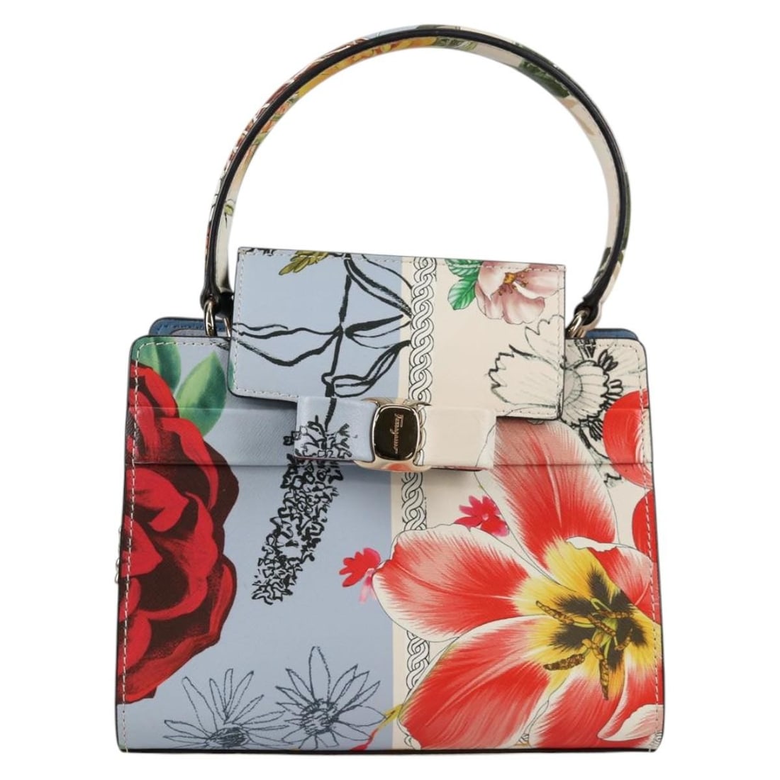 Leather Vala Multicolor Handbag by Salvatore Ferragamo: Leather Vala Multicolor Handbag by Salvatore Ferragamo The Salvatore Ferragamo Vala handbag is a multicolour leather accessory designed for women. It features metal fittings and a handle with minor si