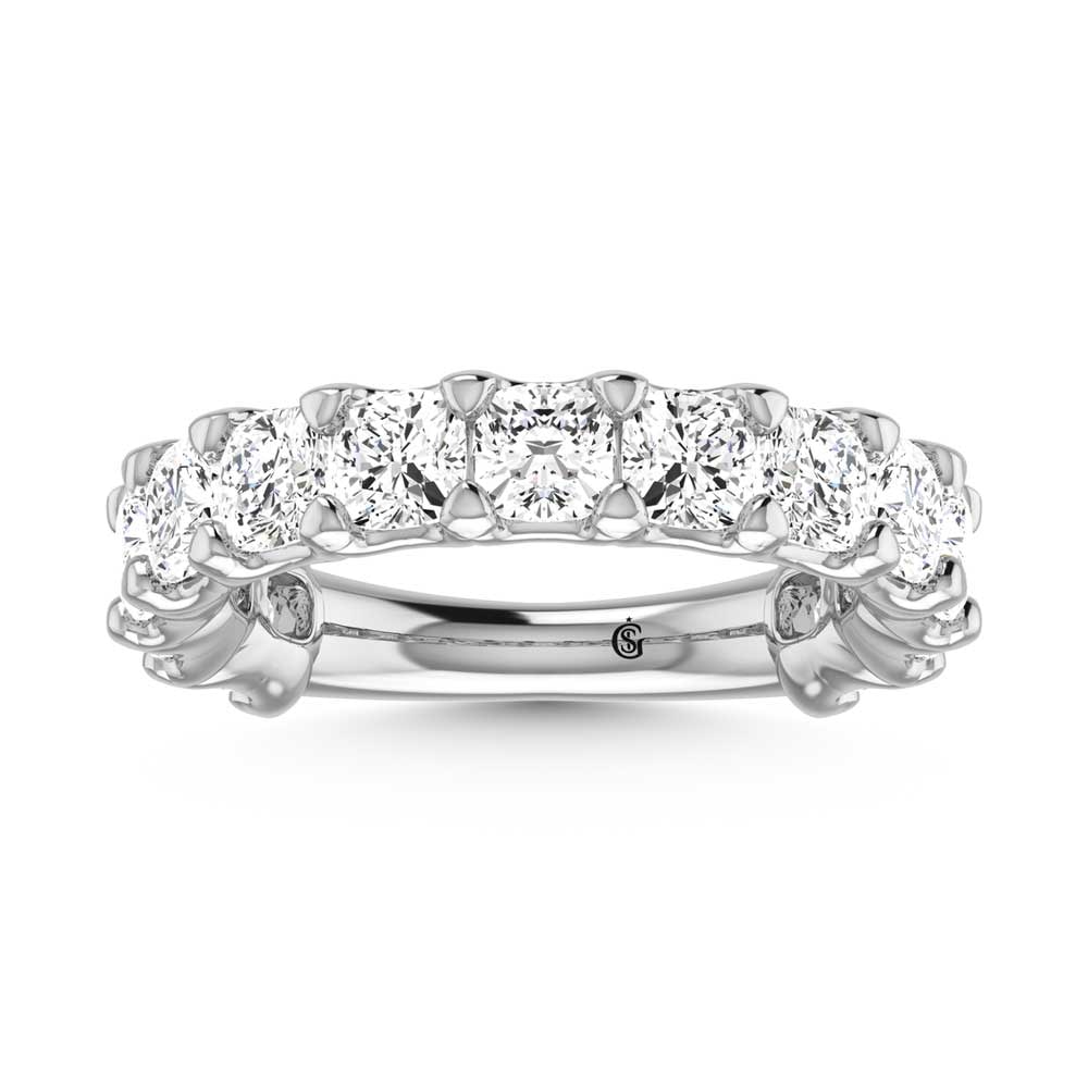 950 Platinum 4 1/6 CT Tw. Cushion Shape Diamond Three Forth Eternity Band: 950 Platinum 4 1/6 CT Tw. Cushion Shape Diamond Three Forth Eternity Band 950 Platinum Stone Color: G-h Stone Clarity: Si Each ring is presented in standard size 6.5. Complimentary resizing is availab
