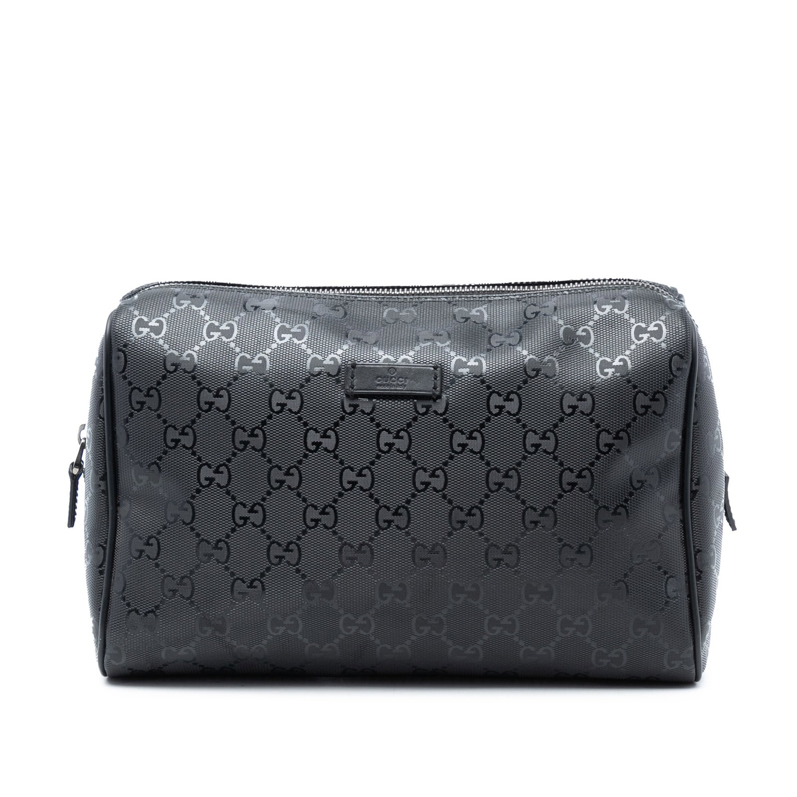 Gucci GG Imprime Black Canvas Cosmetic Case with Leather Trim: Gucci GG Imprime Black Canvas Cosmetic Case with Leather Trim This Gucci GG Imprime Cosmetic Pouch features a coated canvas body with leather trim and a zip-around closure. The pouch is designed in bl