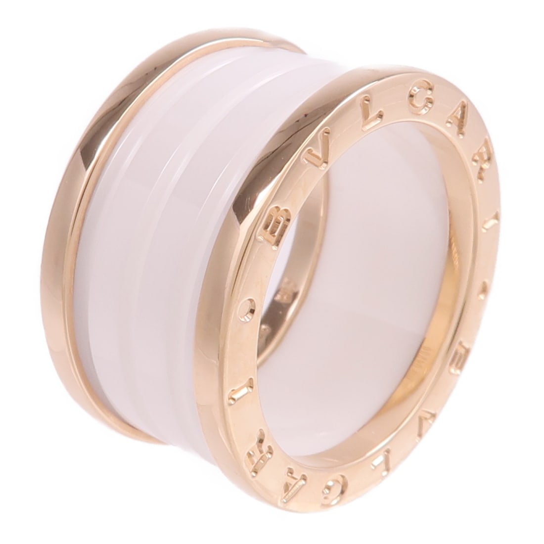 B-zero1 White Ceramic and 18K Rose Gold Ring Size 6.5 by BVLGARI: B-zero1 White Ceramic and 18K Rose Gold Ring Size 6.5 by BVLGARI This BVLGARI B.zero1 ring features 18K pink gold and white ceramic in a stylish design. Crafted in Italy for women, the ring is un-used
