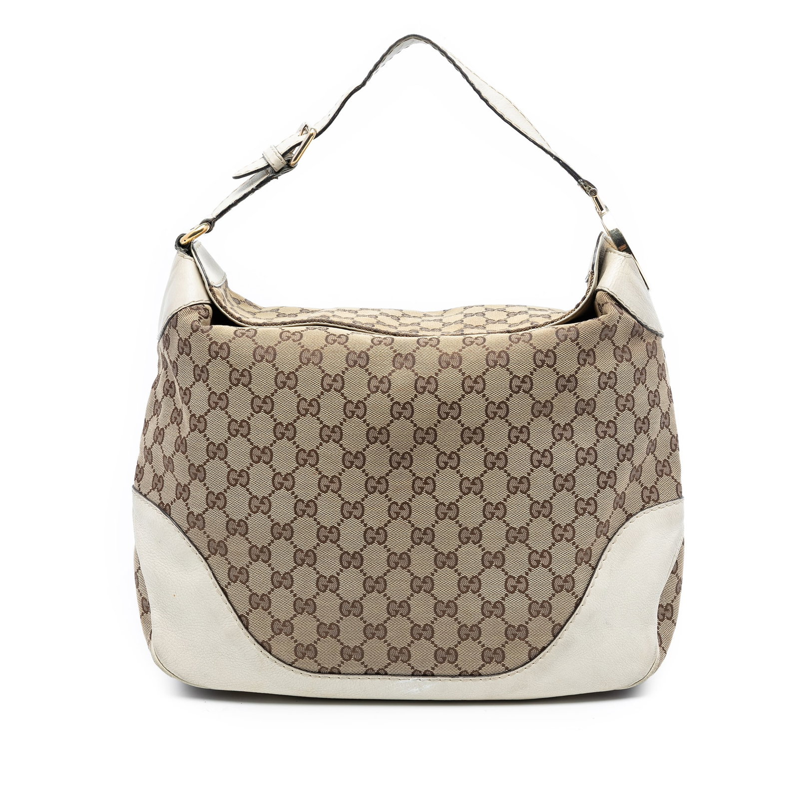 Gucci Charlotte Hobo Beige GG Canvas Shoulder Bag with Leather Trim: Gucci Charlotte Hobo Beige GG Canvas Shoulder Bag with Leather Trim This Gucci GG Canvas Charlotte Hobo features a beige canvas body with leather trim and a flat leather strap adorned with G hardware.