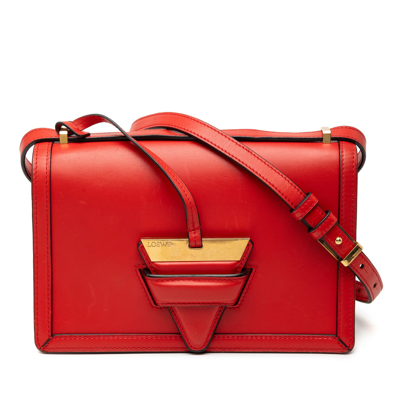 Loewe Barcelona Medium Red Leather Flap Shoulder Bag Spain: Loewe Barcelona Medium Red Leather Flap Shoulder Bag Spain This LOEWE Medium Leather Barcelona Crossbody features a calf leather body with a flat leather strap, a front flap with slip-through closure,