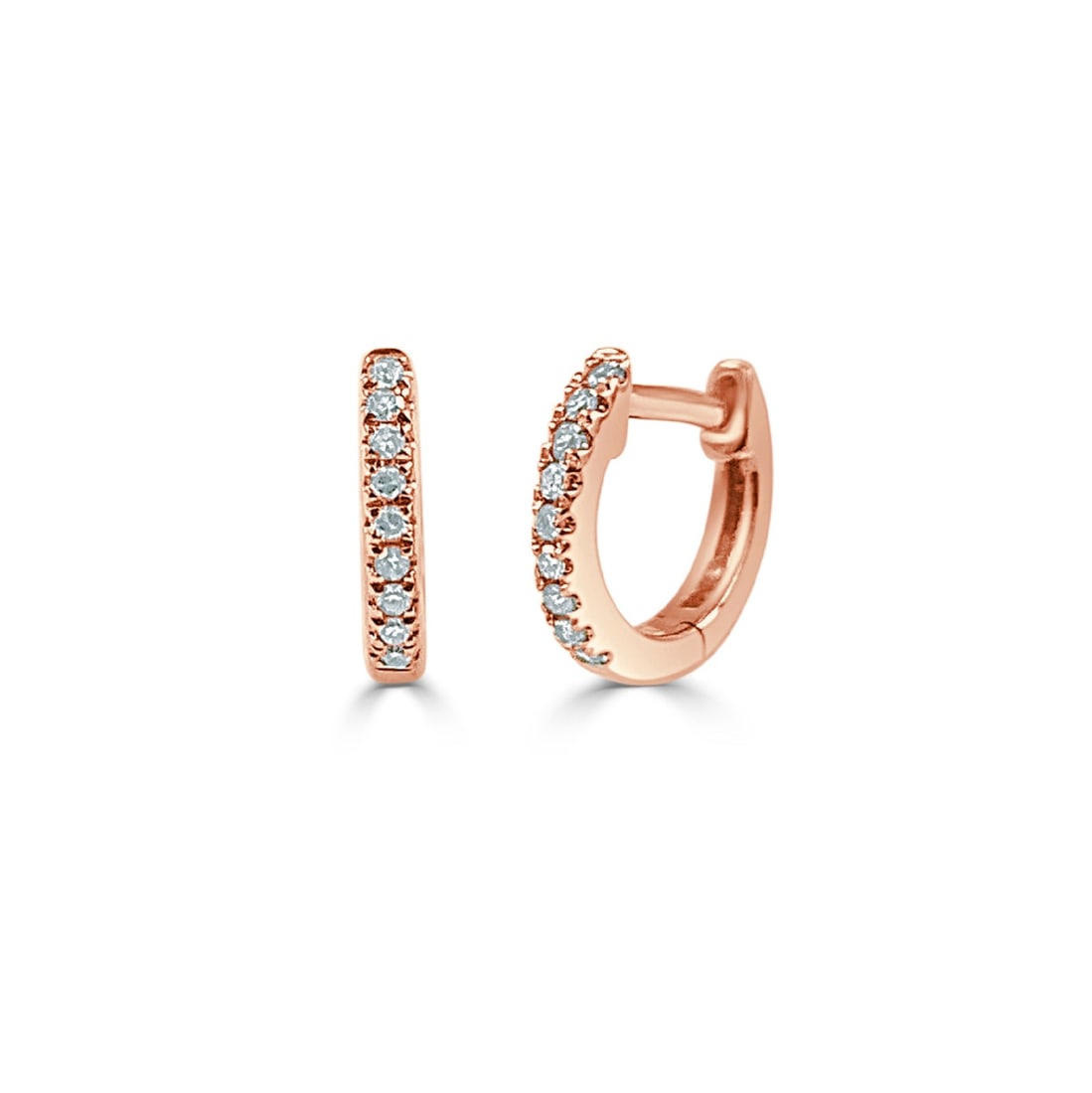 14K Rose Gold Diamond Huggie Hoop Earrings 0.05 Carat: 14K Rose Gold Diamond Huggie Hoop Earrings 0.05 Carat These women's huggie earrings are crafted from 14K rose gold and feature a total of 18 round, white diamonds with a combined weight of 0.05 carats