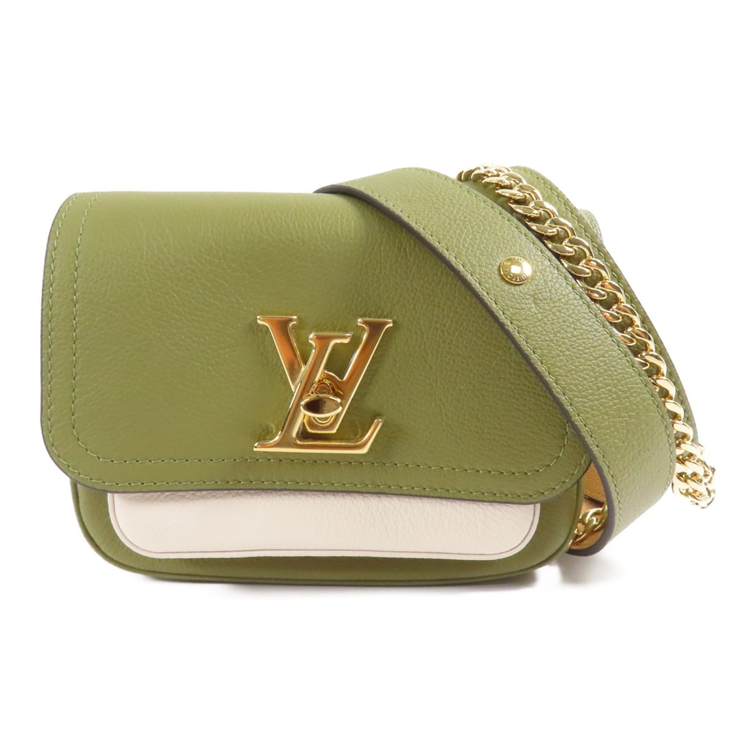 Louis Vuitton LockMe Tender Green Calfskin Shoulder Bag with Gold Hardware: Louis Vuitton LockMe Tender Green Calfskin Shoulder Bag with Gold Hardware This exquisite Louis Vuitton LockMe Tender 2 Way Shoulder Bag is crafted from premium calfskin leather, showcasing a sophisti