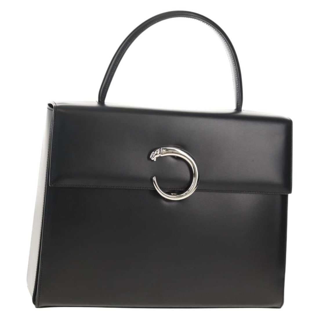 Cartier Silver and Black Leather Handbag with Dust Bag: Cartier Silver and Black Leather Handbag with Dust Bag This Cartier handbag for women features a sleek combination of silver and black leather. Crafted in Italy, it offers a structured silhouette with
