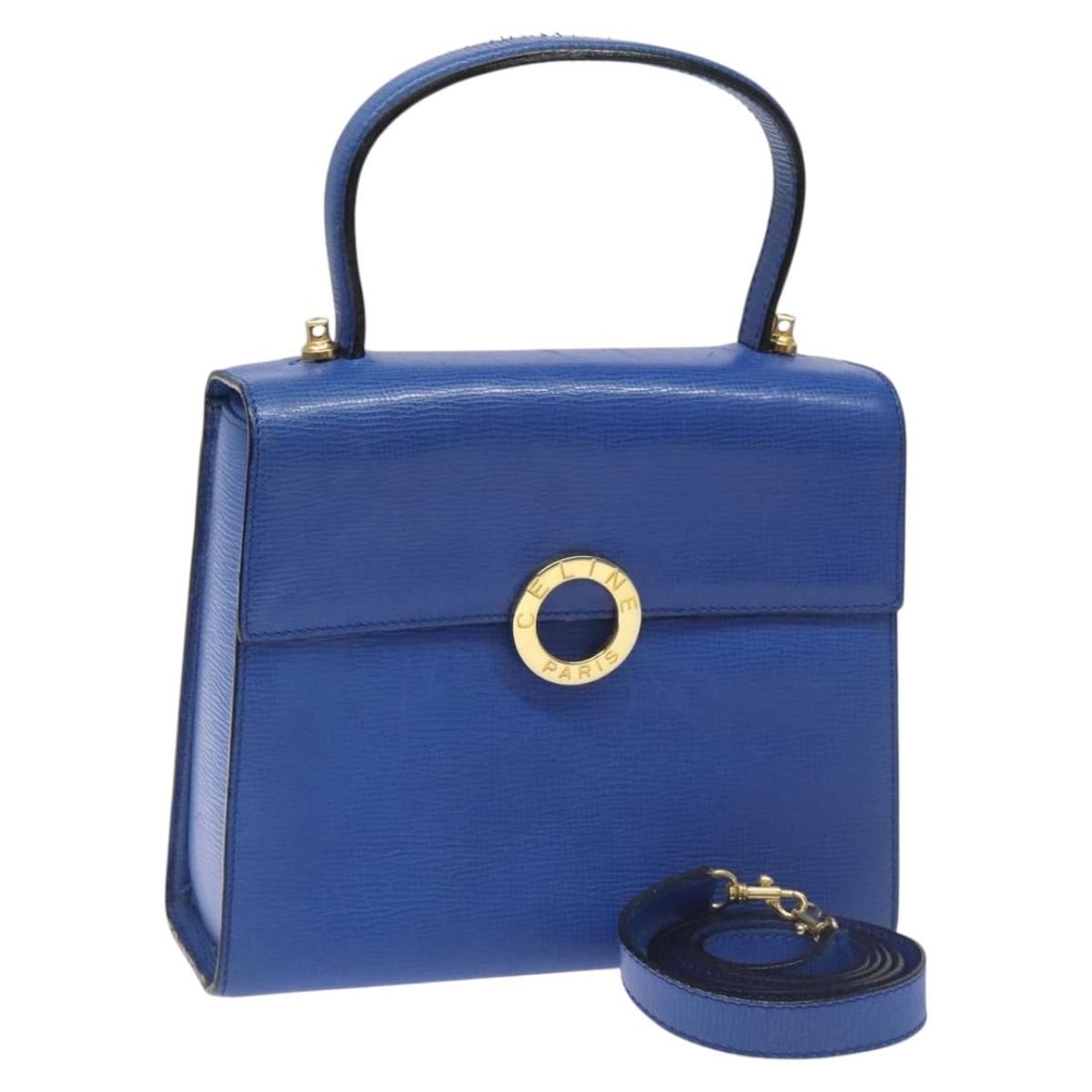 Blue Leather CELINE 2way Handbag with Shoulder Strap and Dust Bag: Blue Leather CELINE 2way Handbag with Shoulder Strap and Dust Bag This Celine 2-way handbag features a blue leather exterior and offers both handle and shoulder strap options for versatile carrying. T