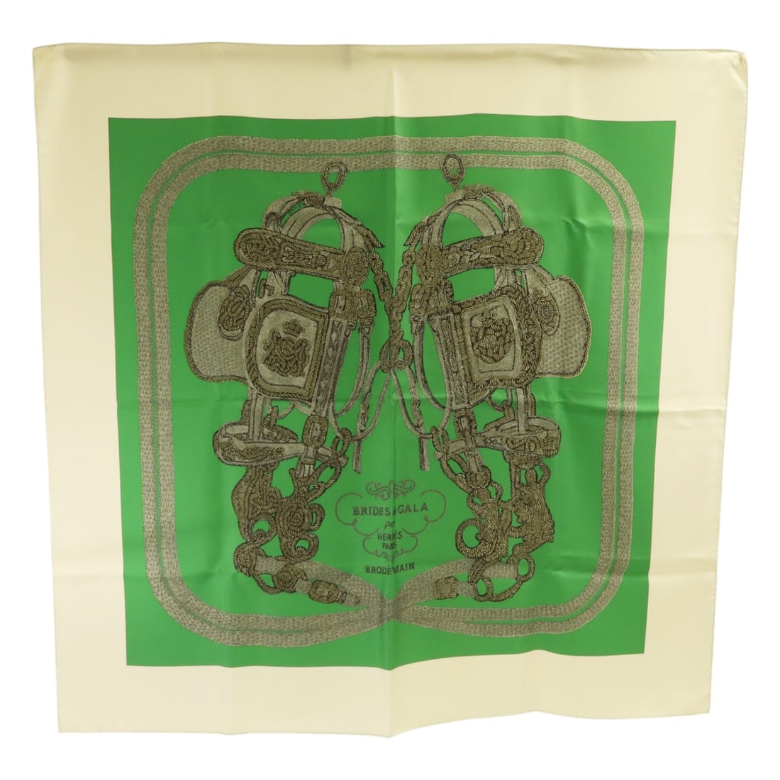 Hermes Silk Scarf 90x90 Green and White French Designer Accessory: Hermes Silk Scarf 90x90 Green and White French Designer Accessory This Hermes scarf features a vibrant green, white, and black color palette, crafted from luxurious silk. Designed for women, it offers
