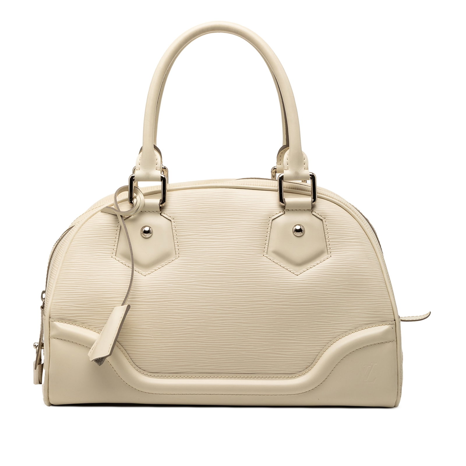 Louis Vuitton White Epi Leather Bowling Montaigne PM Handbag France: Louis Vuitton White Epi Leather Bowling Montaigne PM Handbag France The Louis Vuitton Epi Bowling Montaigne PM features a structured silhouette crafted from signature epi leather with smooth leather t