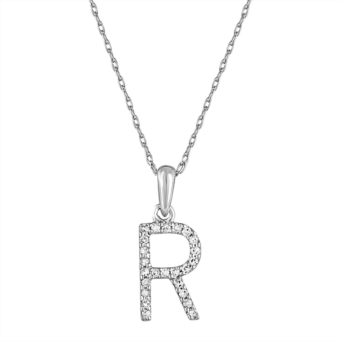 Sabrina Designs Co 14K White Gold R Pendant Diamond Necklace: Sabrina Designs Co 14K White Gold R Pendant Diamond Necklace This pre-owned diamond initial "R" necklace features 0.08 carats of diamonds set in 14K white gold. Designed for unisex wear, it offers a s